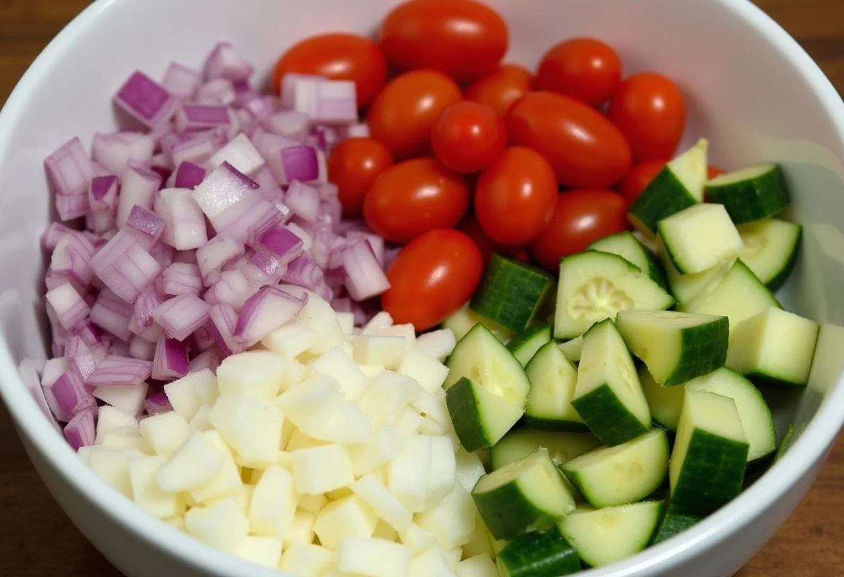 Chopped vegetables for Salade de Lentilles Vinaigrée displayed in a bowl.
