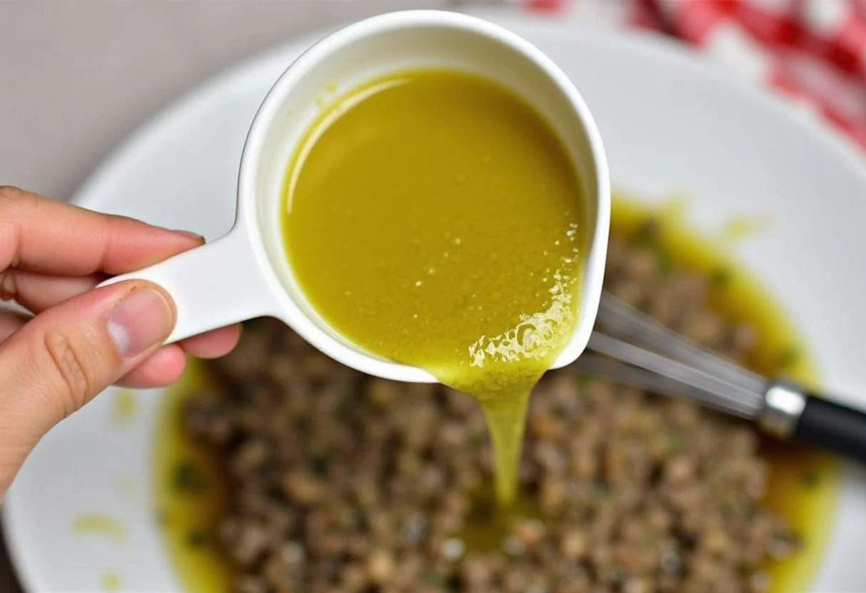Vinaigrette being drizzled over lentils and vegetables for Salade de Lentilles Vinaigrée.