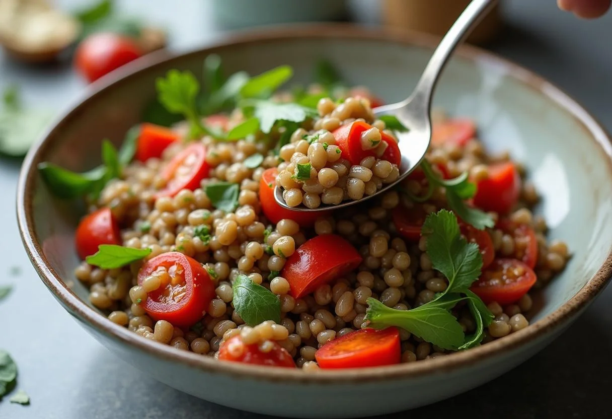 Mixing lentils and vegetables for Salade de Lentilles Vinaigrée to combine flavors.