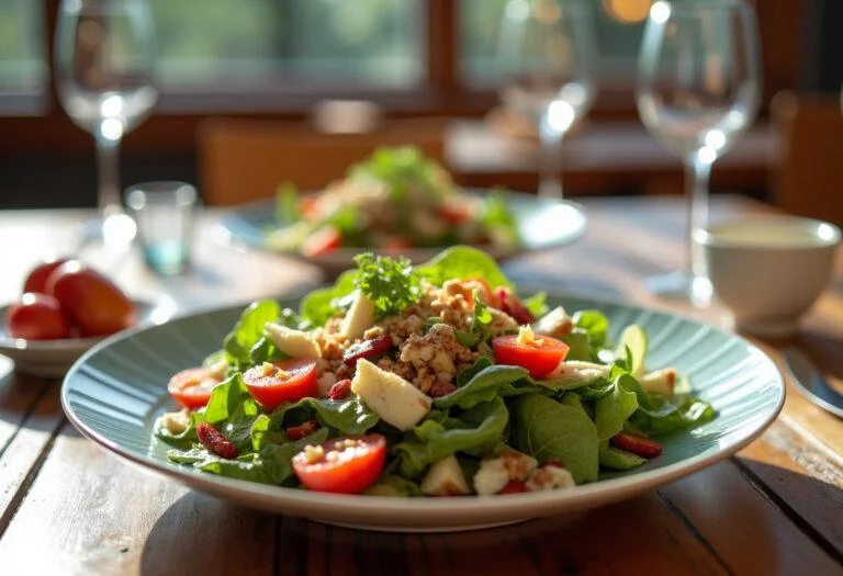 Salade de museau magnifiquement présentée sur une table de dîner, prête à être servie avec des couleurs vives et une ambiance accueillante.