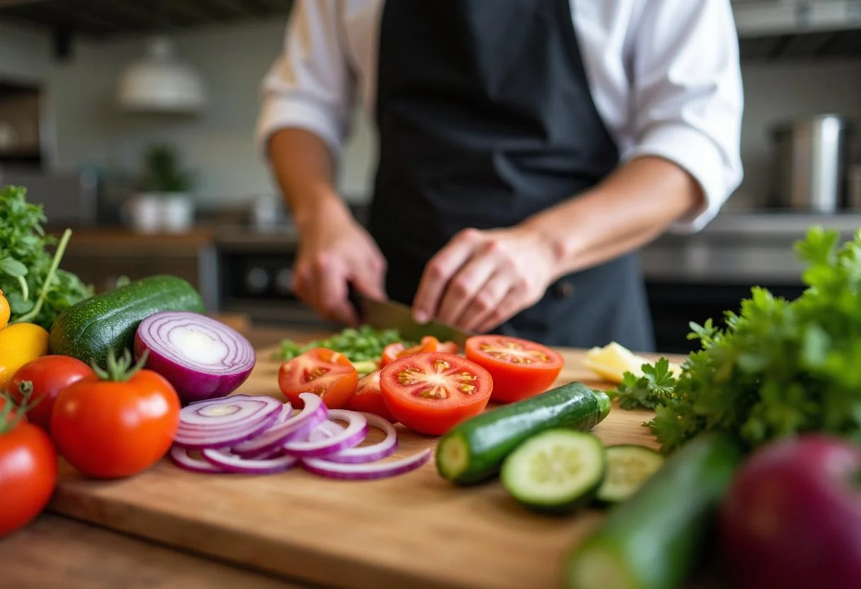 Préparation des ingrédients pour la salade de museau avec des légumes frais hachés sur une planche à découper en bois.