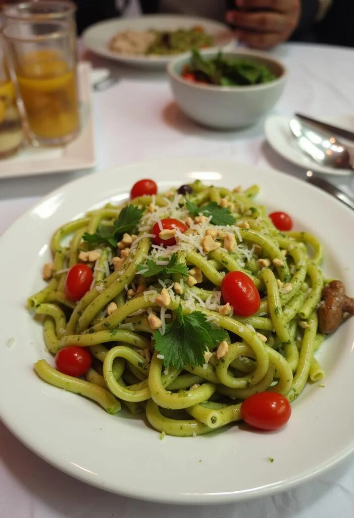 Une assiette de salade de pâtes au pesto verte joliment présentée, idéale pour une recette de cuisine exquise.