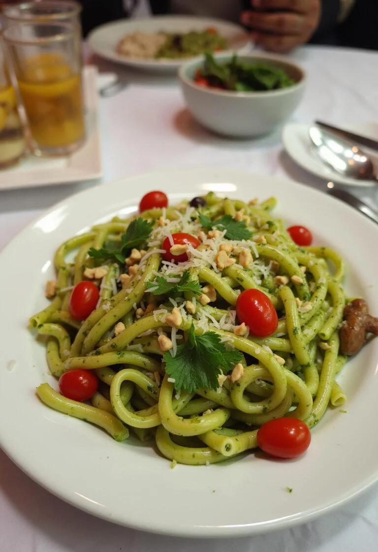 Une assiette de salade de pâtes au pesto verte joliment présentée, idéale pour une recette de cuisine exquise.
