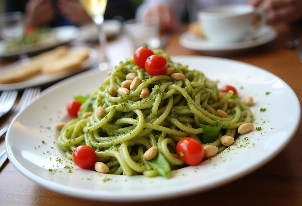 Une assiette de salade de pâtes au pesto verte joliment présentée, idéale pour une recette de cuisine exquise.