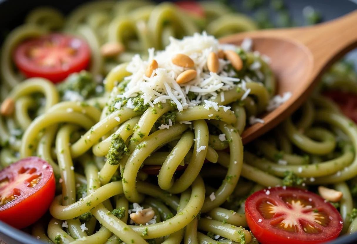 Mélange des pâtes, du pesto vert et des tomates pour une salade de pâtes appetissante, parfaite pour une recette de cuisine.