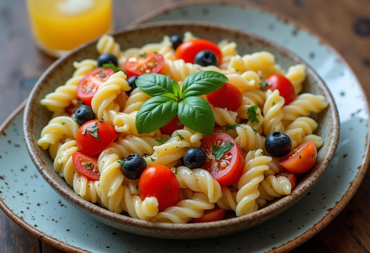 Une vue aérienne d'une salade de pâtes au pesto servie dans un bol rustique, idéale pour une belle recette de cuisine.