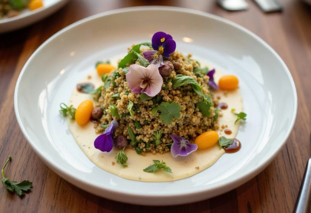 Présentation finale d'une salade de quinoa gourmande sur une assiette blanche avec un décor raffiné.