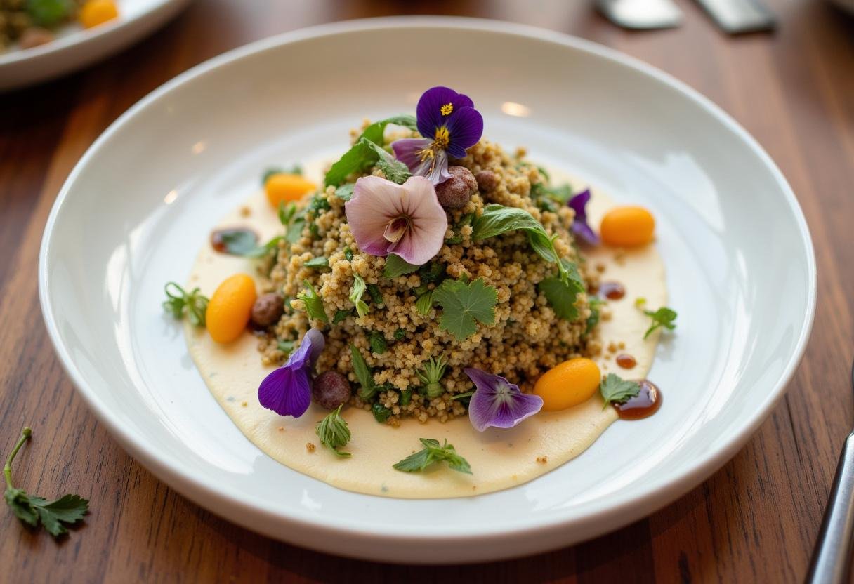Présentation finale d'une salade de quinoa gourmande sur une assiette blanche avec un décor raffiné.
