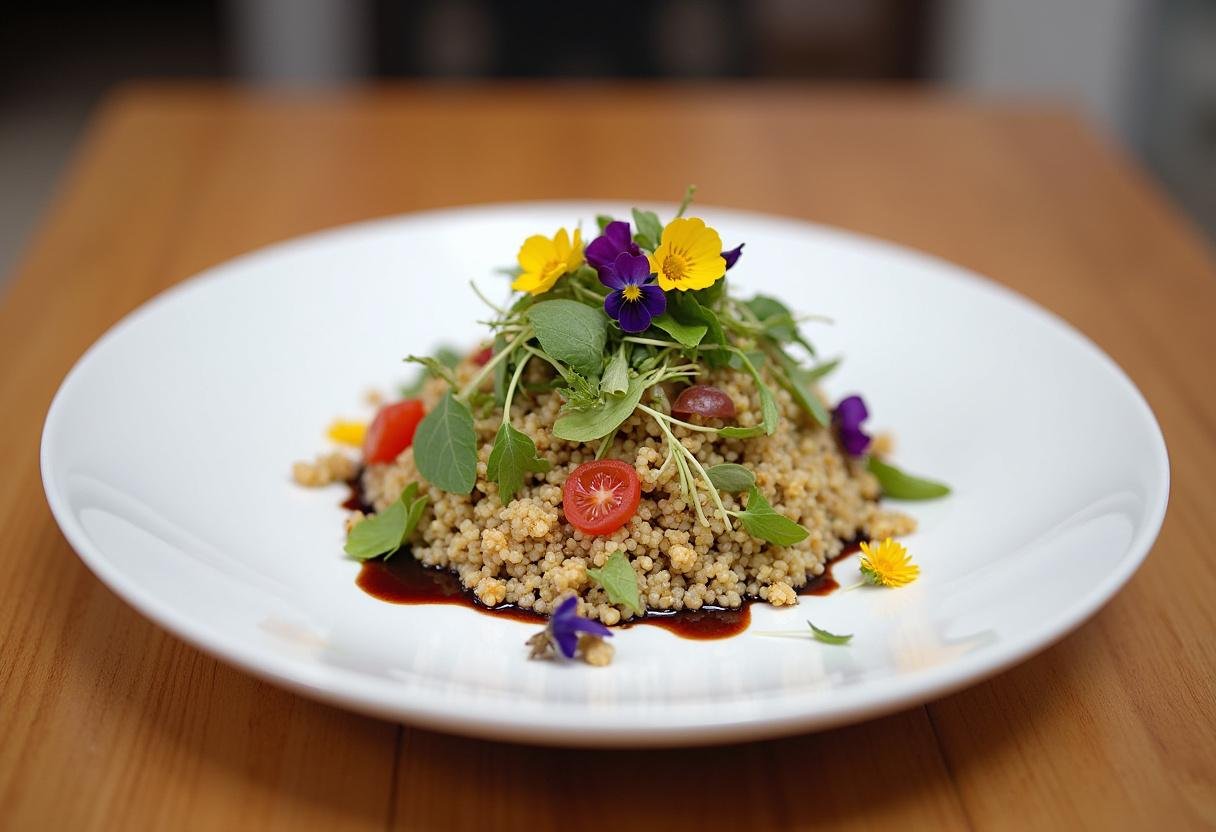 Présentation finale d'une salade de quinoa gourmande sur une assiette blanche avec un décor raffiné.