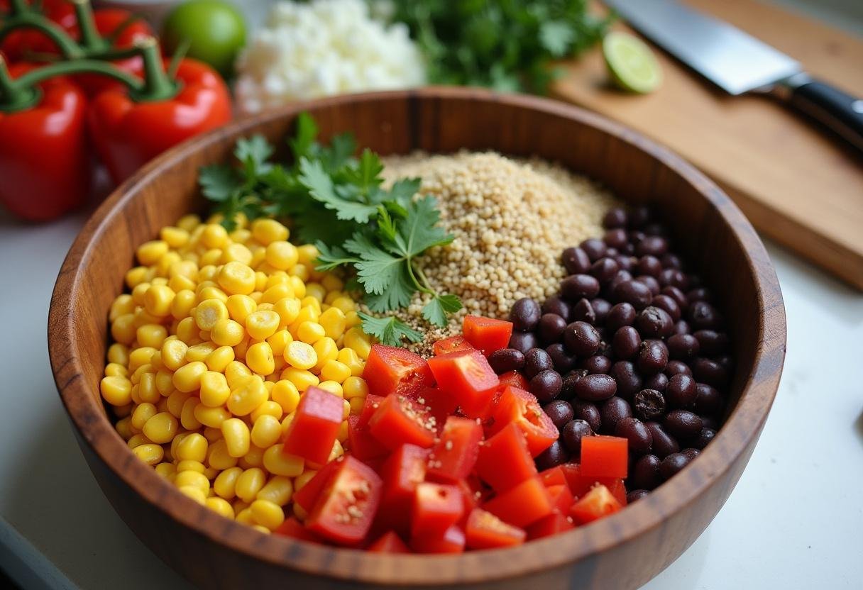 Préparation de salade de quinoa avec des haricots noirs, poivrons rouges et maïs en cuisine.