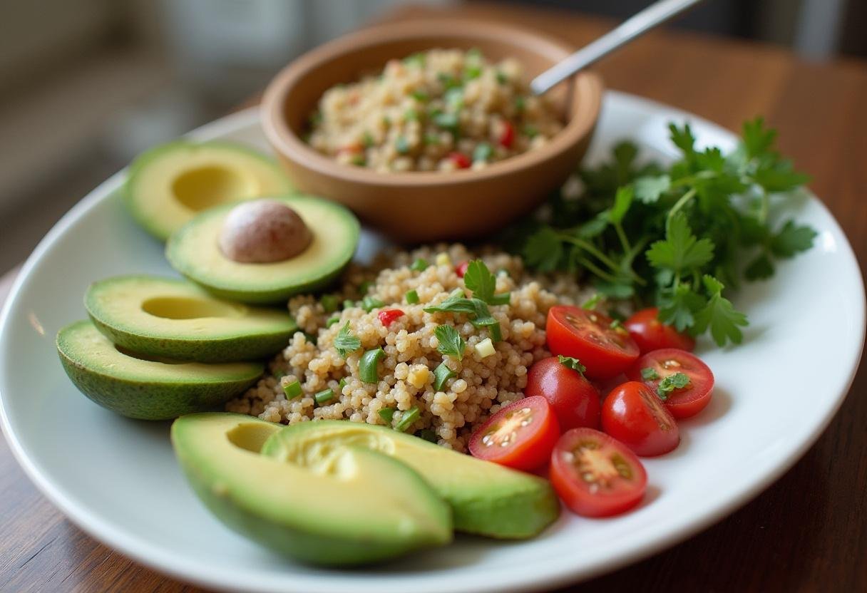 Découpe de l'avocat et disposition de tomates cerises pour une salade quinoa avocat.