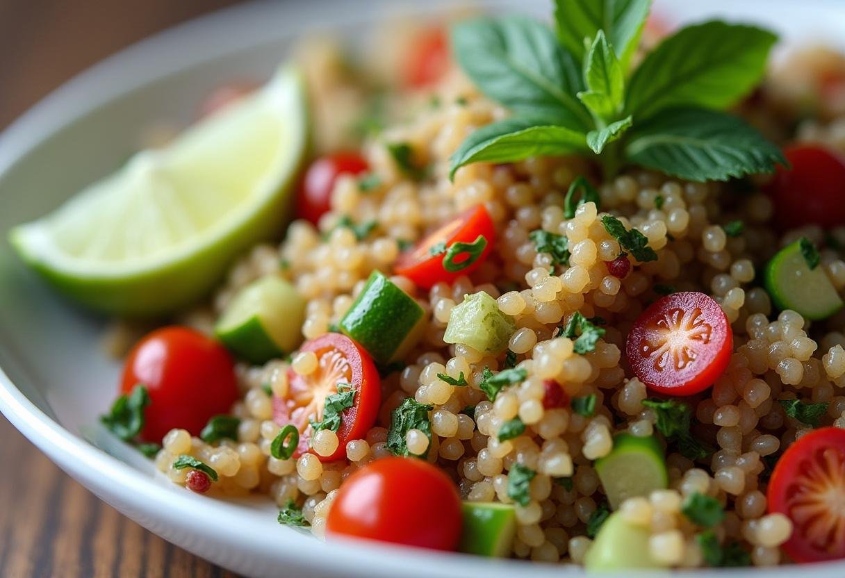 Garniture de salade de quinoa avec des quartiers de citron vert et des herbes fraîches pour un plat appétissant.