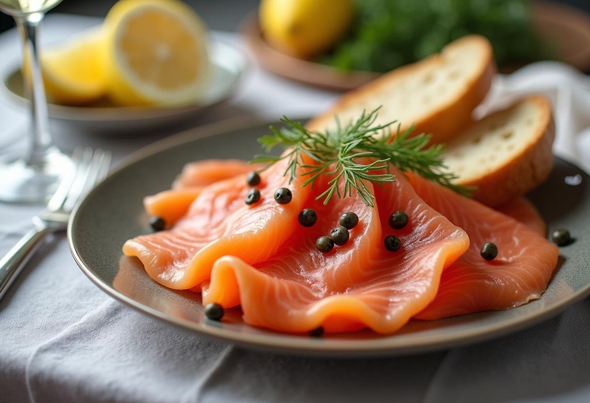 Présentation élégante du saumon fumé de qualité sur la table.