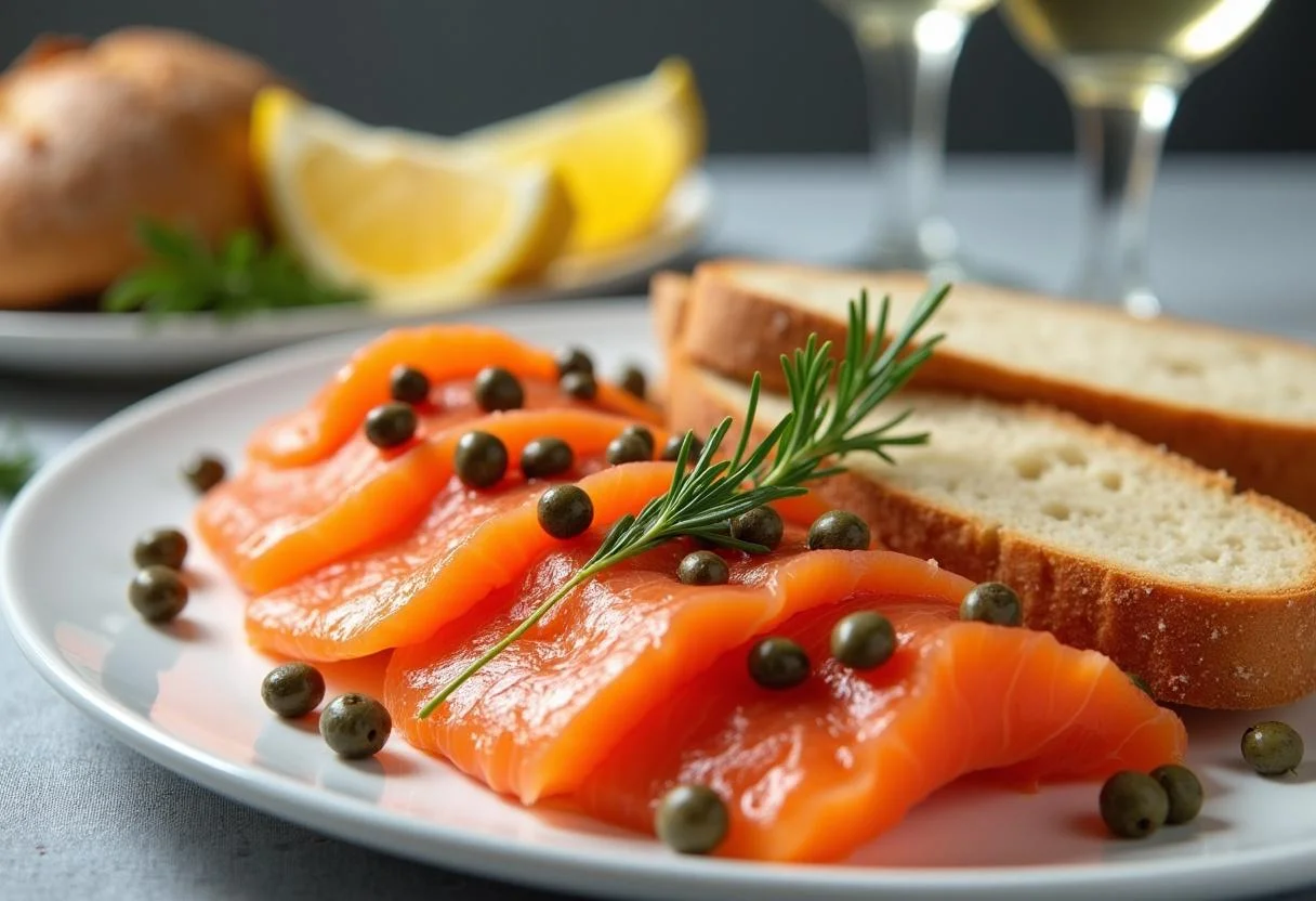 Présentation élégante du saumon fumé de qualité sur la table.