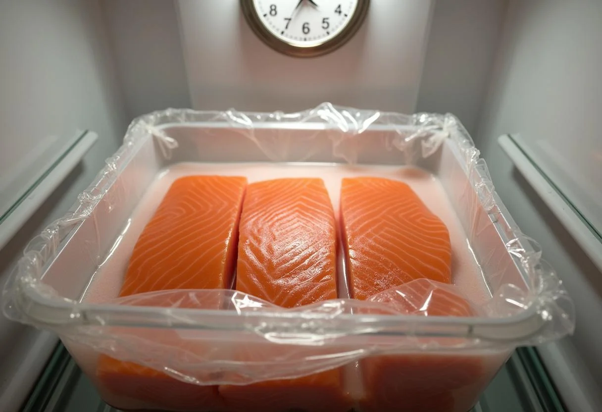 Saumon mariné dans la saumure pour une recette de saumon fumé délicieuse.