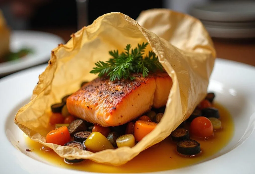 Présentation finale du saumon en papillote au four avec légumes colorés, idéale pour une recette saumon papillote délicieuse.