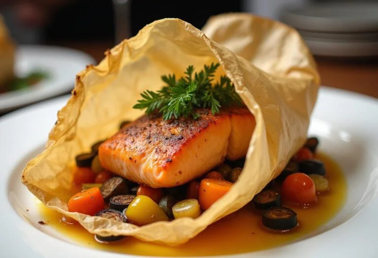 Présentation finale du saumon en papillote au four avec légumes colorés, idéale pour une recette saumon papillote délicieuse.
