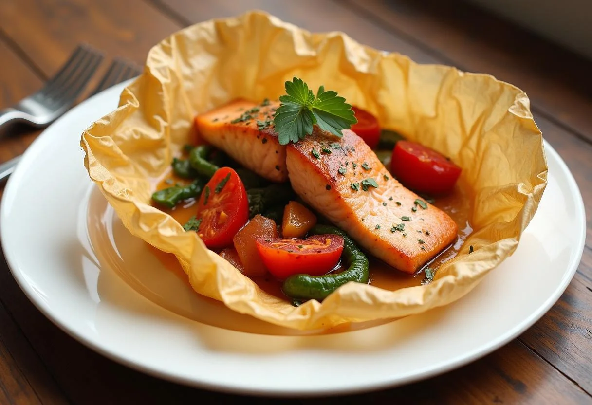 Présentation finale du saumon en papillote au four avec légumes colorés, idéale pour une recette saumon papillote délicieuse.