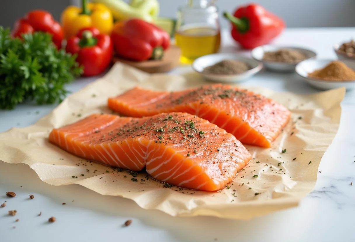 Préparation des ingrédients pour la recette saumon en papillote avec saumon et légumes colorés sur du papier sulfurisé.