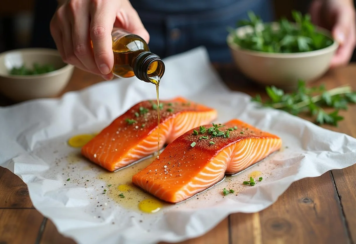 Assaisonnement du saumon en papillote avec de l'huile d'olive et des herbes fraîches pour une cuisson au four savoureuse.