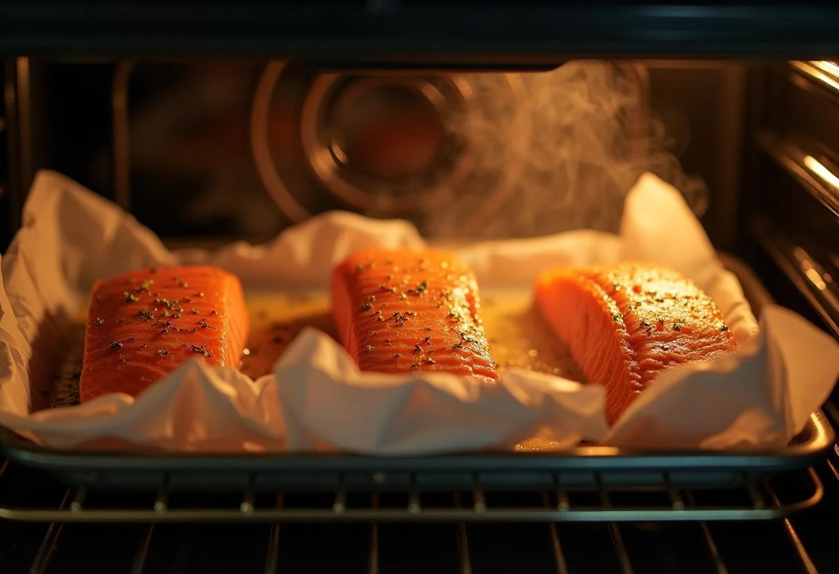Cuisson du saumon en papillote au four, montrant de la vapeur sortant des paquets fraîchement préparés.