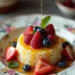 Dessert de semoule de riz prête pour bébés, avec des fruits frais et un filet de miel, pour une présentation raffinée.