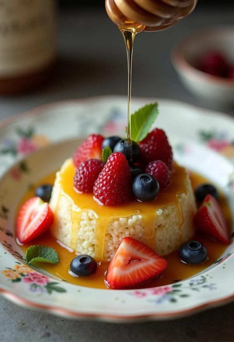 Dessert de semoule de riz prête pour bébés, avec des fruits frais et un filet de miel, pour une présentation raffinée.