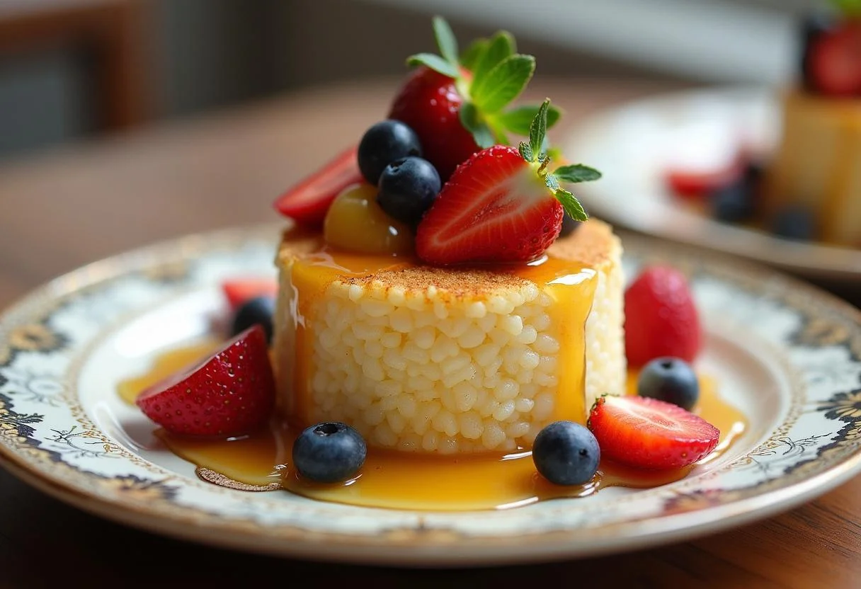 Dessert de semoule de riz prête pour bébés, avec des fruits frais et un filet de miel, pour une présentation raffinée.
