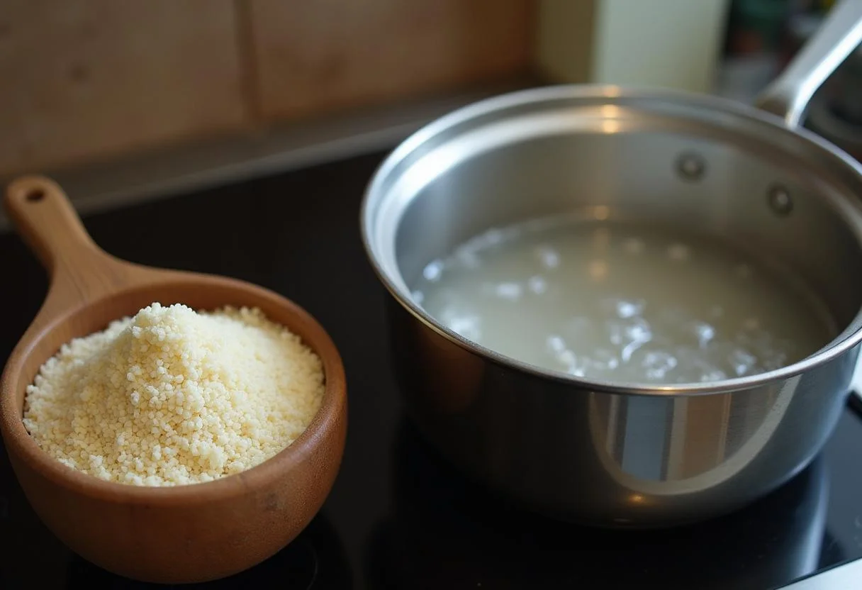 Préparation de semoule de riz pour bébés, une casserole d'eau bouillante sur le feu et un bol de semoule de riz en attente.