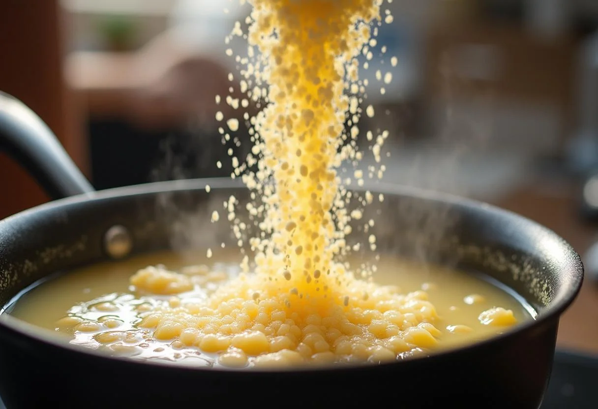 Ingrédients pour des desserts à base de semoule de riz pour bébés, ajout de la semoule à l'eau bouillante dans une cuisine lumineuse.