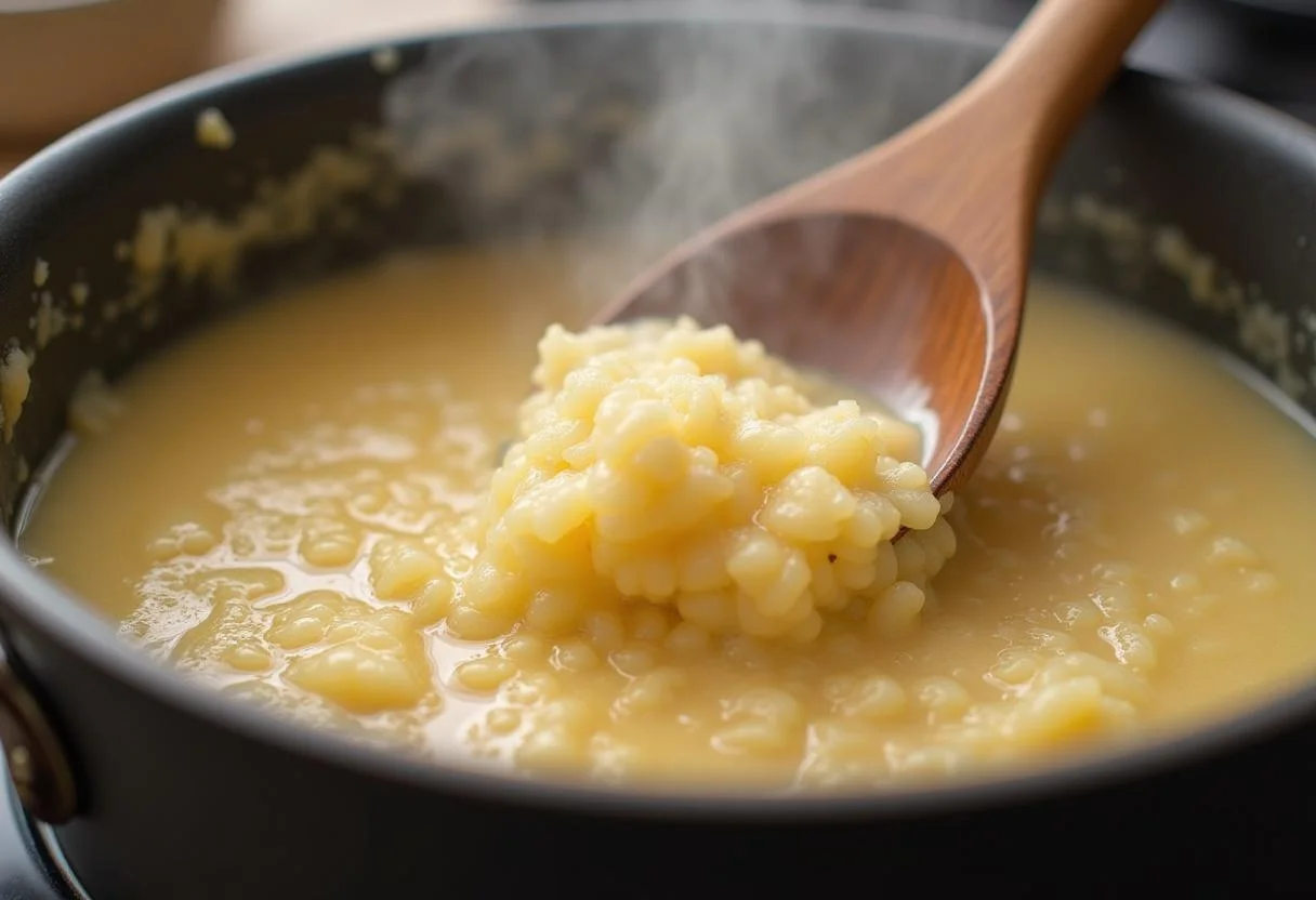 Remuer la semoule de riz sur le feu, Transformation de la préparation pour bébés en une consistance crémeuse dans une cuisine accueillante.