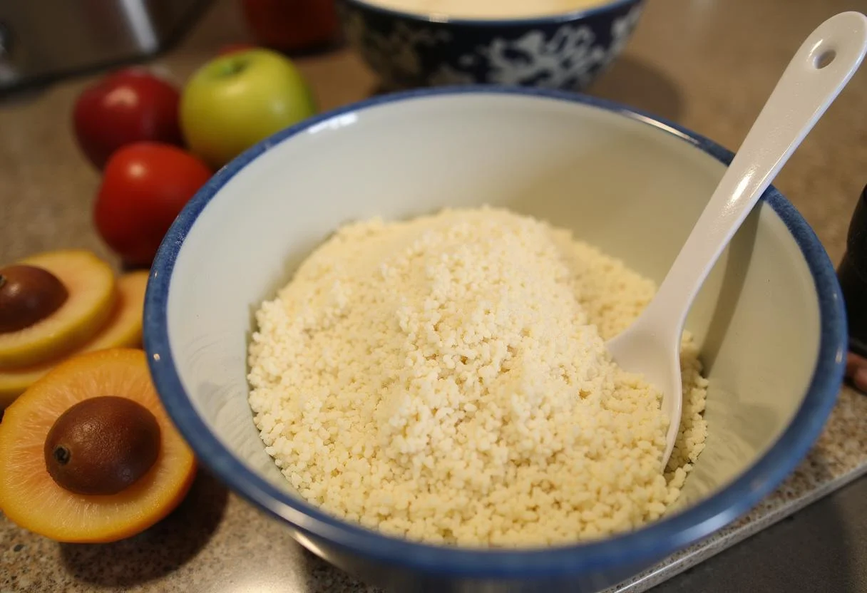 Préparation des desserts de semoule de riz pour bébés, un bol de semoule refroidissant entouré de fruits frais.