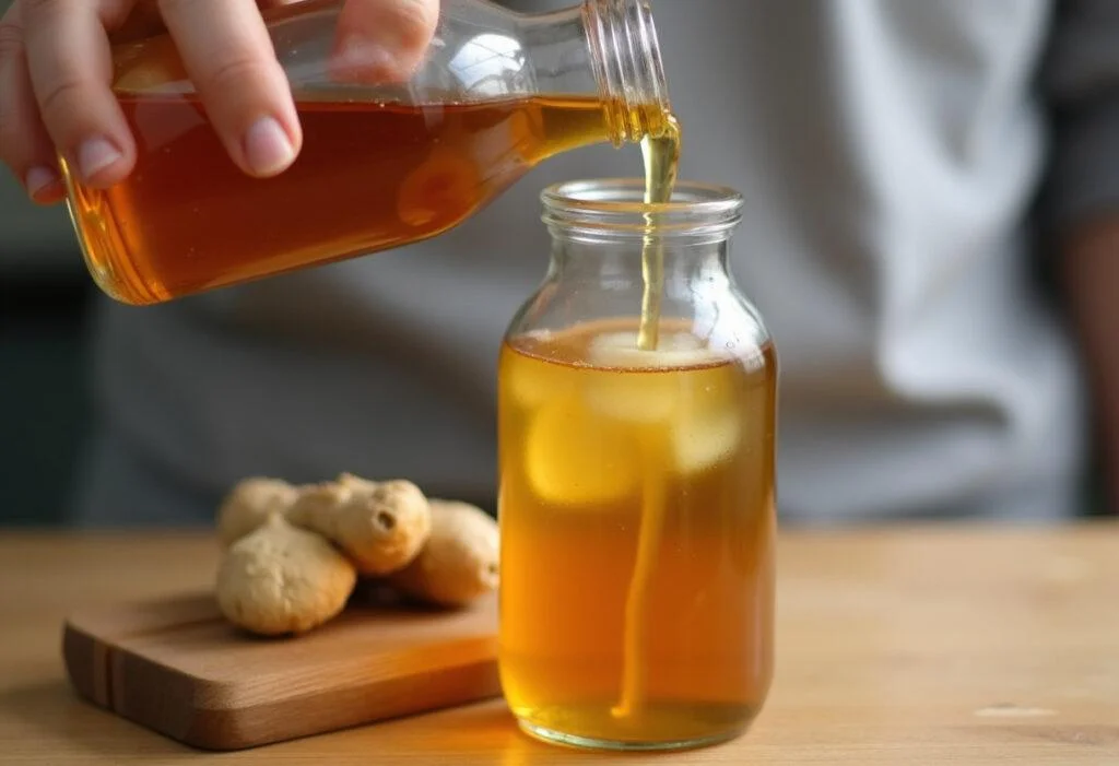 Sirop de gingembre maison dans une bouteille en verre, mettant en valeur sa couleur dorée et son arôme appétissant.