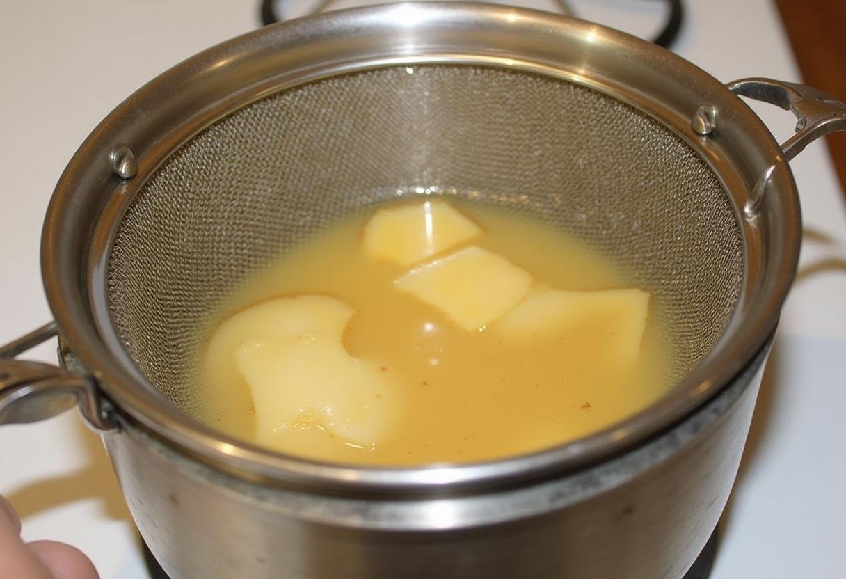 Filtrage du liquide de gingembre dans une casserole avec du sucre, étape cruciale pour créer un sirop de gingembre maison.