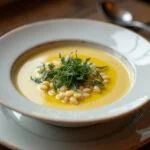 Présentation de la soupe butternut patate douce dans un bol, garnie d'huile d'olive et d'herbes fraîches sur une table en bois.
