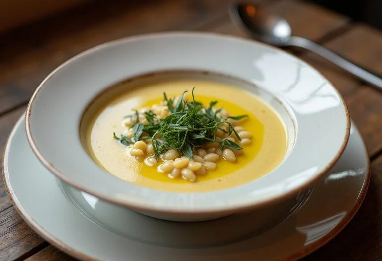 Présentation de la soupe butternut patate douce dans un bol, garnie d'huile d'olive et d'herbes fraîches sur une table en bois.