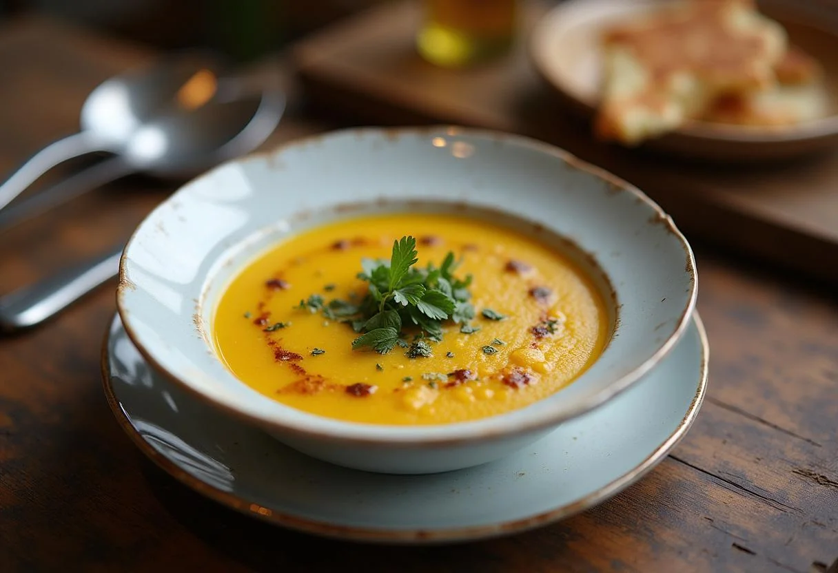 Présentation de la soupe butternut patate douce dans un bol, garnie d'huile d'olive et d'herbes fraîches sur une table en bois.