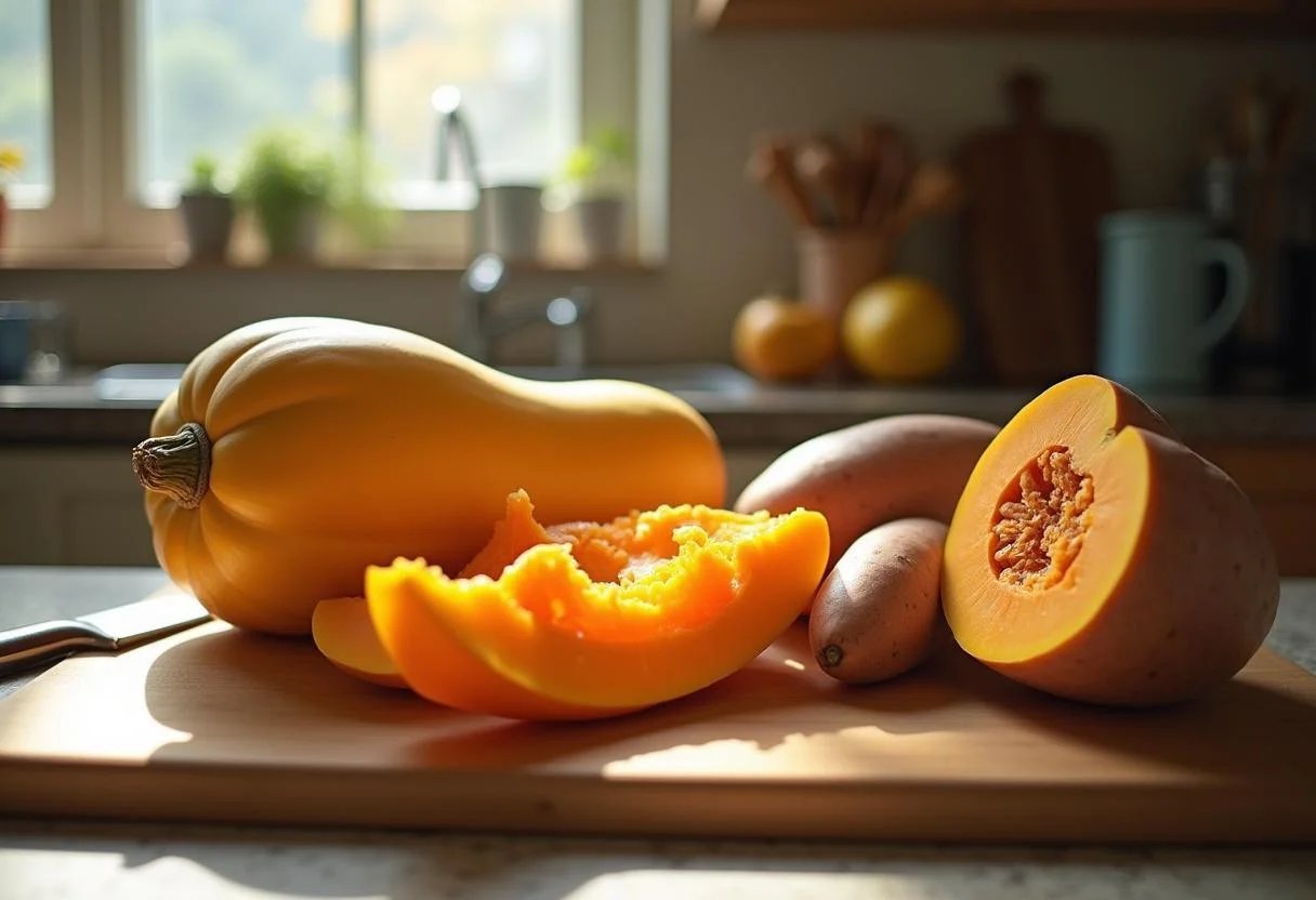 Préparation de la soupe butternut patate douce avec de la courge et des patates douces fraîches en cuisine.