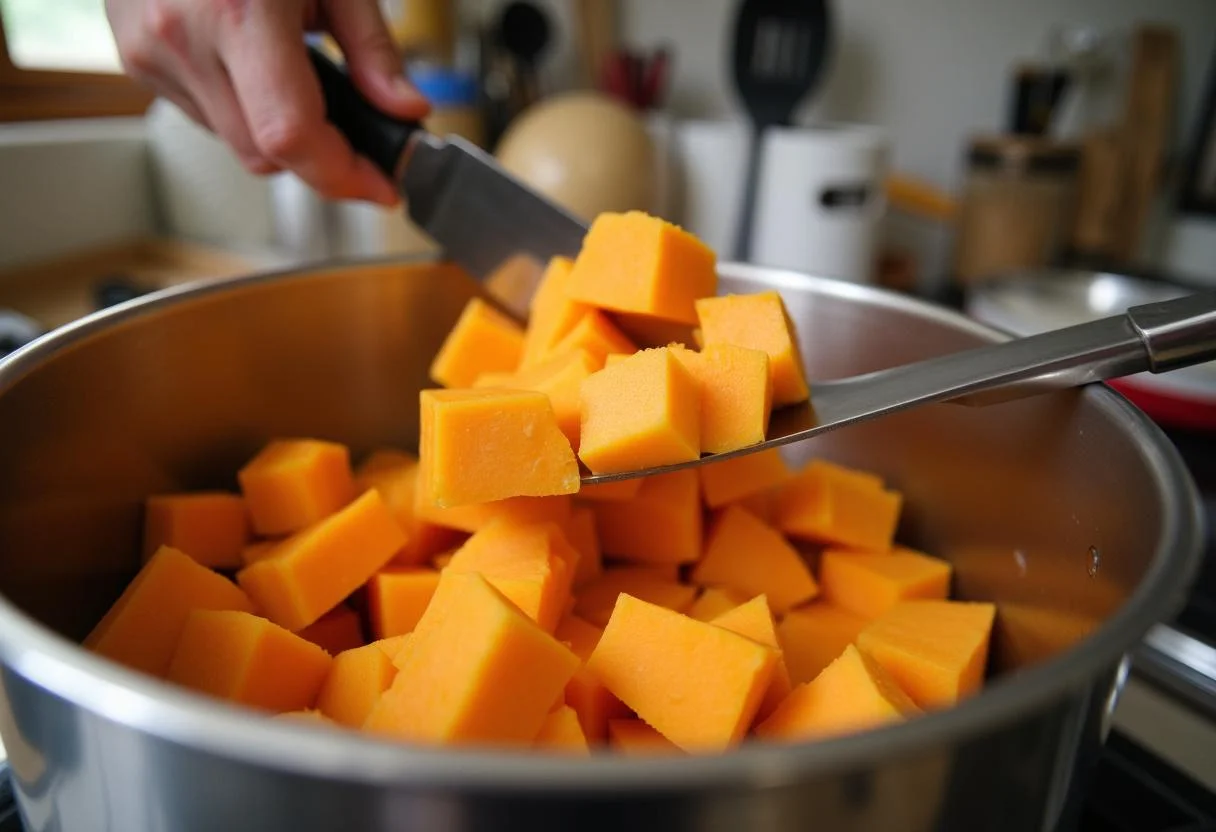 Découpe de la courge butternut et des patates douces pour la soupe butternut patate douce dans une cuisine accueillante.