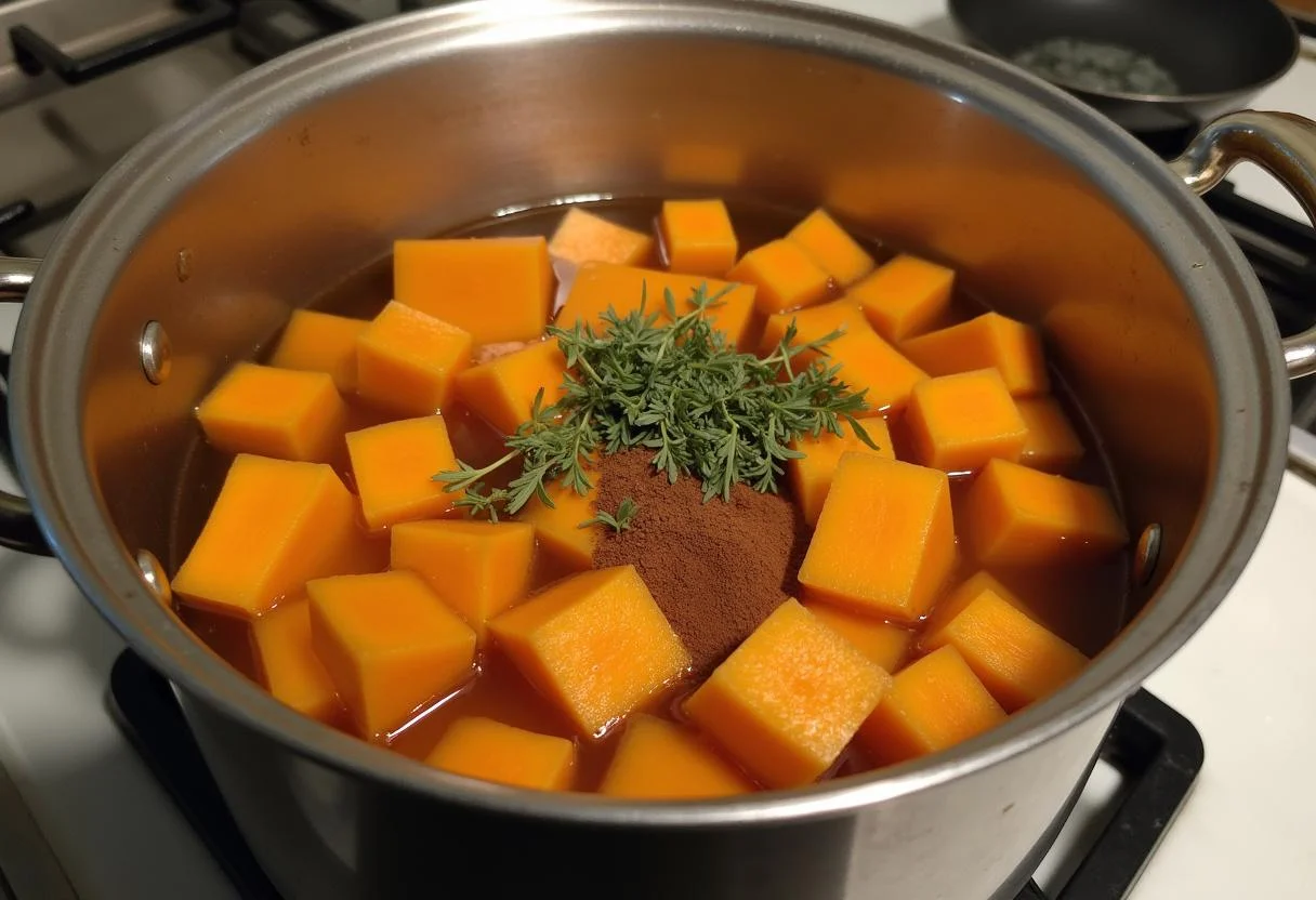 Cuisson de la soupe butternut patate douce avec des morceaux de courge et de patates douces dans un bouillon de légumes.