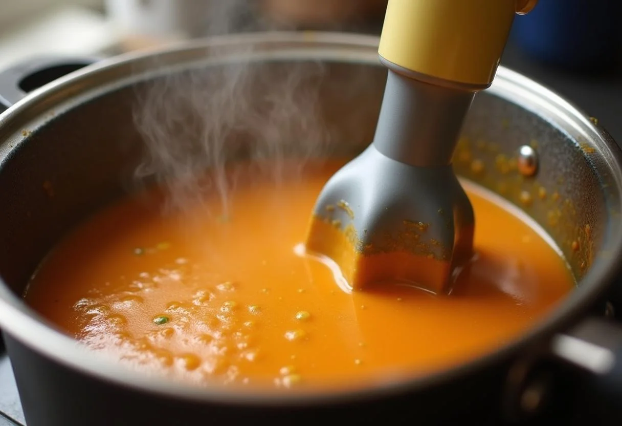 Mélange de la soupe butternut patate douce dans une casserole pour obtenir une consistance lisse et crémeuse.