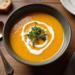 Soupe Facile de Butternut au Cookeo servie dans un bol avec crème et herbes fraîches, accompagnée d'une tranche de pain sur la table.