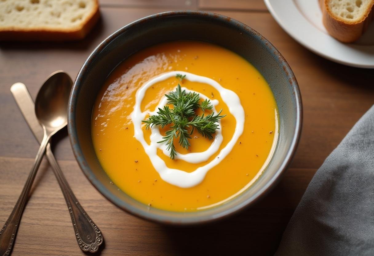 Soupe Facile de Butternut au Cookeo servie dans un bol avec crème et herbes fraîches, accompagnée d'une tranche de pain sur la table.