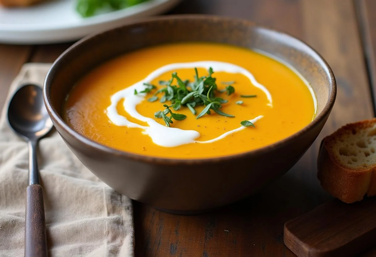 Soupe Facile de Butternut au Cookeo servie dans un bol avec crème et herbes fraîches, accompagnée d'une tranche de pain sur la table.