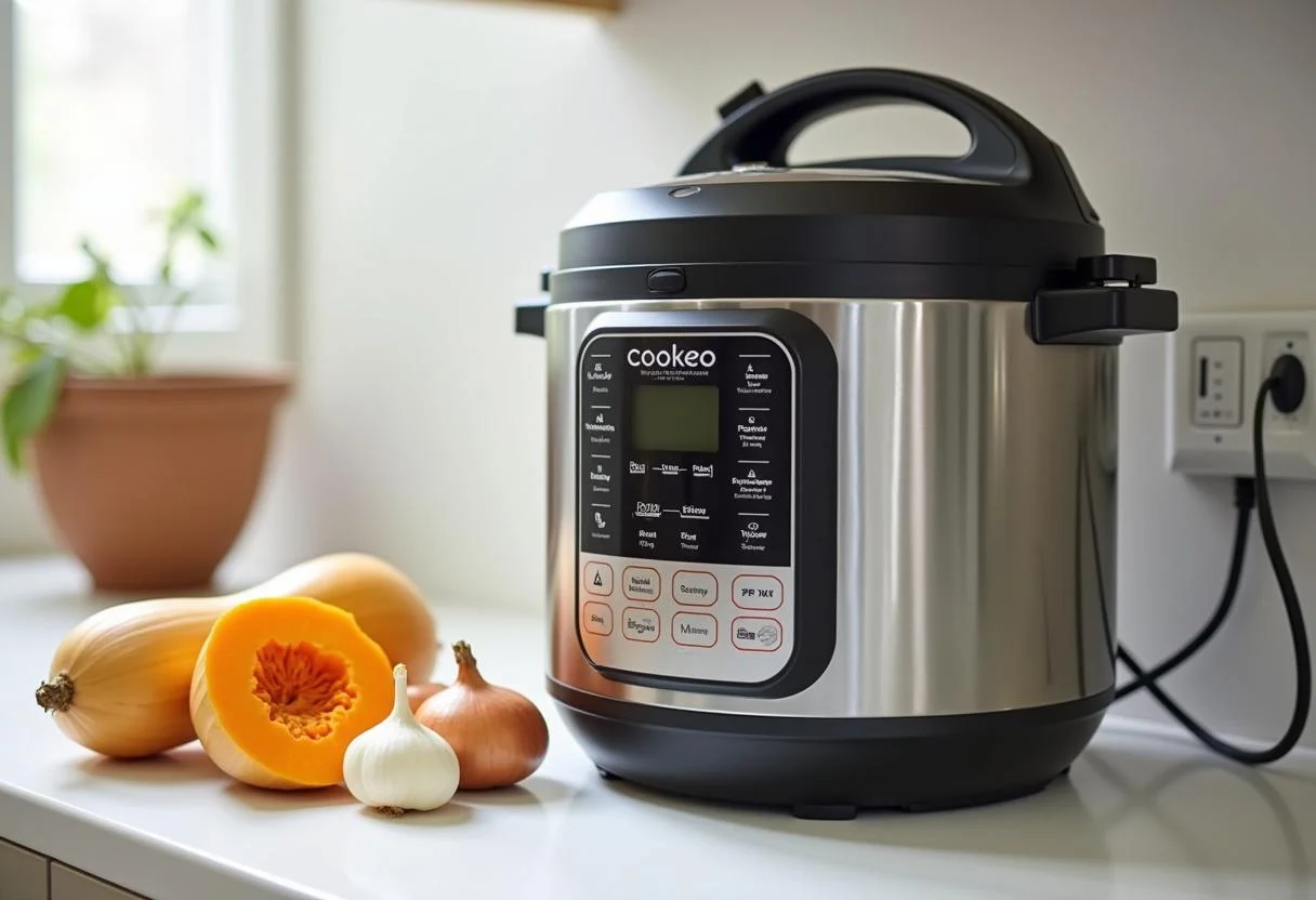 Préparation pour Soupe Facile de Butternut au Cookeo avec courge butternut, oignon et ail sur le comptoir de cuisine.