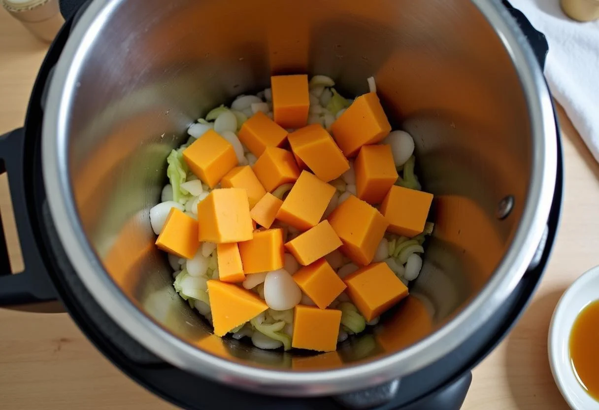 Ingrédients pour Soupe Butternut au Cookeo prêts dans l’appareil, incluant courge, oignon et ail, avec bouillon de légumes à côté.