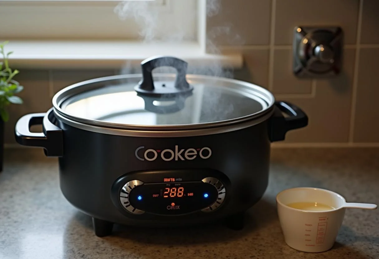 Cuisson de la Soupe Facile de Butternut au Cookeo, avec de la vapeur s'échappant et de la crème à côté pour ajouter de la richesse.