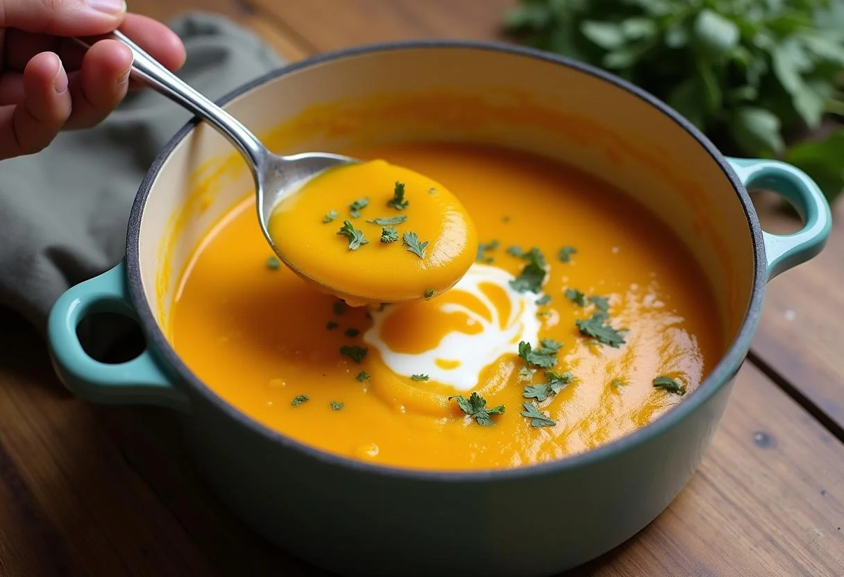 Soupe Butternut cuisinée au Cookeo, avec crème et herbes fraîches en garniture, prête à être servie.