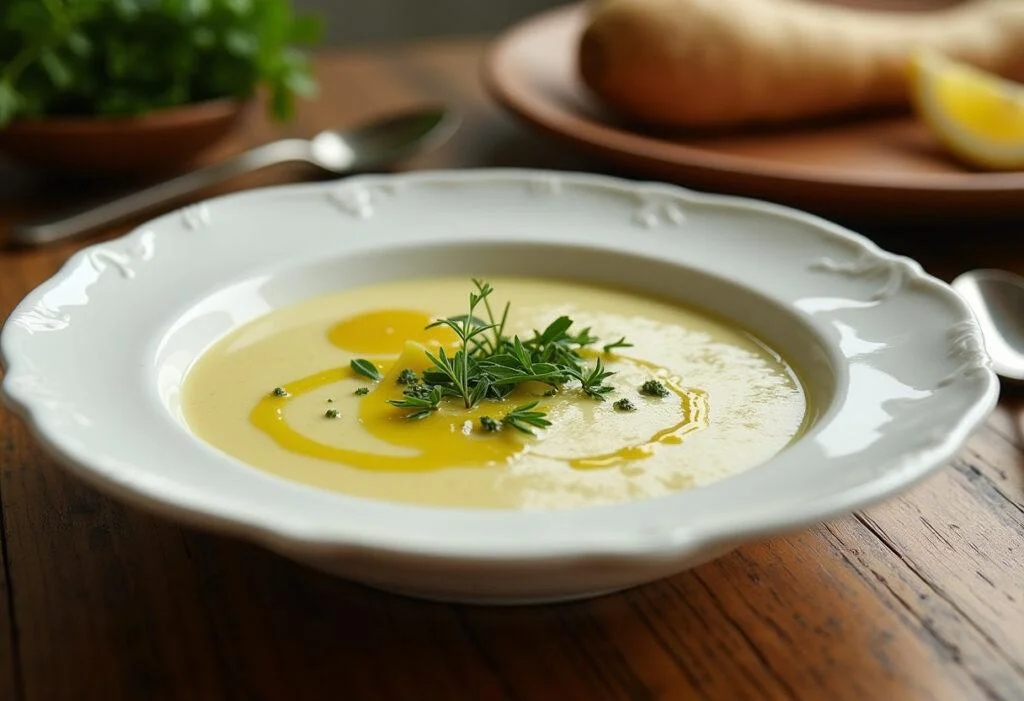 Bol de soupe fine et délicate au céleri rave, décoré d'herbes fraîches, présentation d'une délicieuse soupe celeri rave.