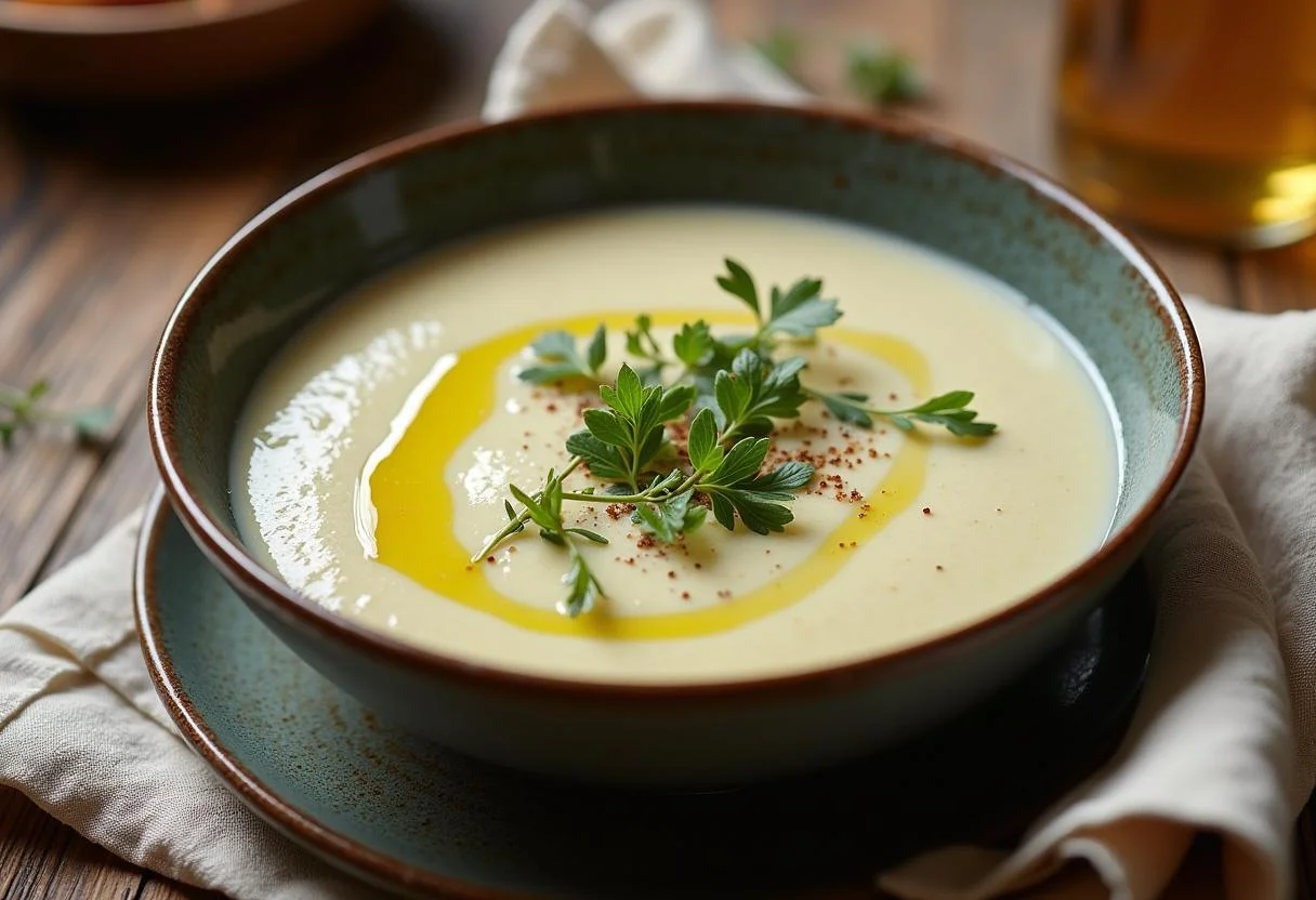 Bol de soupe fine et délicate au céleri rave, décoré d'herbes fraîches, présentation d'une délicieuse soupe celeri rave.